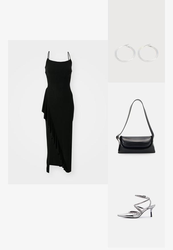 Sort, ærmeløs kjole med tætsiddende bodice, asymmetrisk flæsedetail på den ene side og en lang, glat silhuet. Fremstillet af et strækbart materiale.; Sølvfarvet høje hæle sko med spids tå, ankelrem og dekorative sølvkuglestuds på remme og kanter mod hvid baggrund.; Sort læderhåndvask med en struktureret form, en glat overflade og en enkelt skulderrem. Har et subtilt, rundet klapdesign.; Par skinnende sølvøreringe med tynde trådlåse, vist på en lys grå baggrund.
