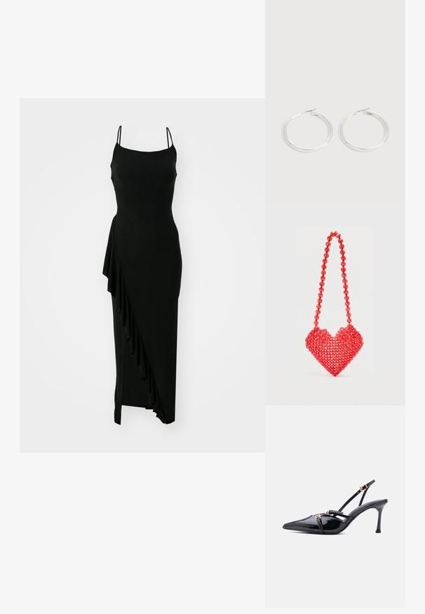 Sort, ærmeløs kjole med tætsiddende bodice, asymmetrisk flæsedetail på den ene side og en lang, glat silhuet. Fremstillet af et strækbart materiale.; Sort laklæder spids tå slingback-hæl med tynde stropper og små spænder i guldton på en hvid baggrund.; Rød perlebesat håndtaske formet som et hjerte med en matchende perlebesat strop mod en ensfarvet hvid baggrund.; Par skinnende sølvøreringe med tynde trådlåse, vist på en lys grå baggrund.