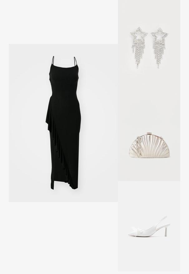 Sort, ærmeløs kjole med tætsiddende bodice, asymmetrisk flæsedetail på den ene side og en lang, glat silhuet. Fremstillet af et strækbart materiale.; Hvid slingback kitten heel med spids tå, dekoreret med hjerte og sløjfe i perleperler på overdelen.; Metallisk sølv clutch-taske formet som en muslingeskal med en sølvkæde hængende på siden.; Rhinestone stjerne øreringe med dryppende frynsedetaljer, præget af sølvfarve og en blank, reflekterende overflade. Stjernedesign med detaljeret udformning.