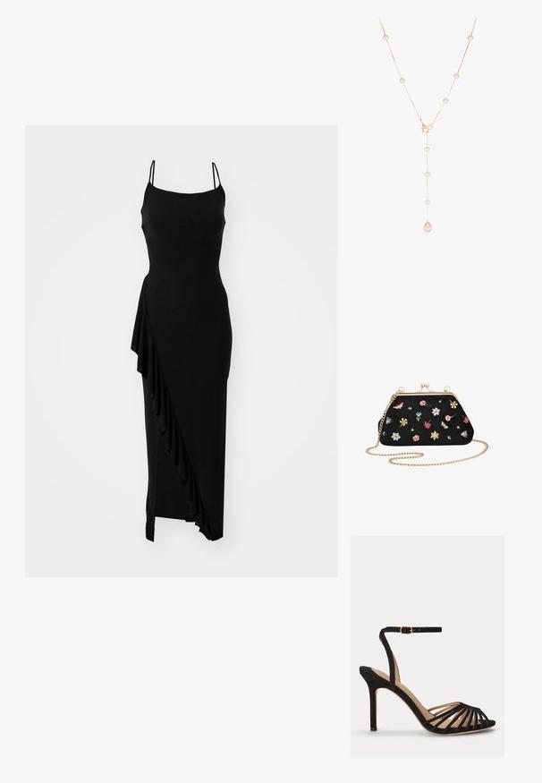 Sort, ærmeløs kjole med tætsiddende bodice, asymmetrisk flæsedetail på den ene side og en lang, glat silhuet. Fremstillet af et strækbart materiale.; Sort højhælet sandal med åben tå, flere tynde frontstropper og en justerbar ankelrem med en guldbøjle.; Sort ruskind clutch taske med guldfarvet metalramme, kædestrop og farverig blomster- og sommerfuglebroderi, der pryder overfladen.; Guldtonet halskæde med runde hvide perler fordelt langs en delikat kæde, der har en dråbeformet pink perlepende i midten.