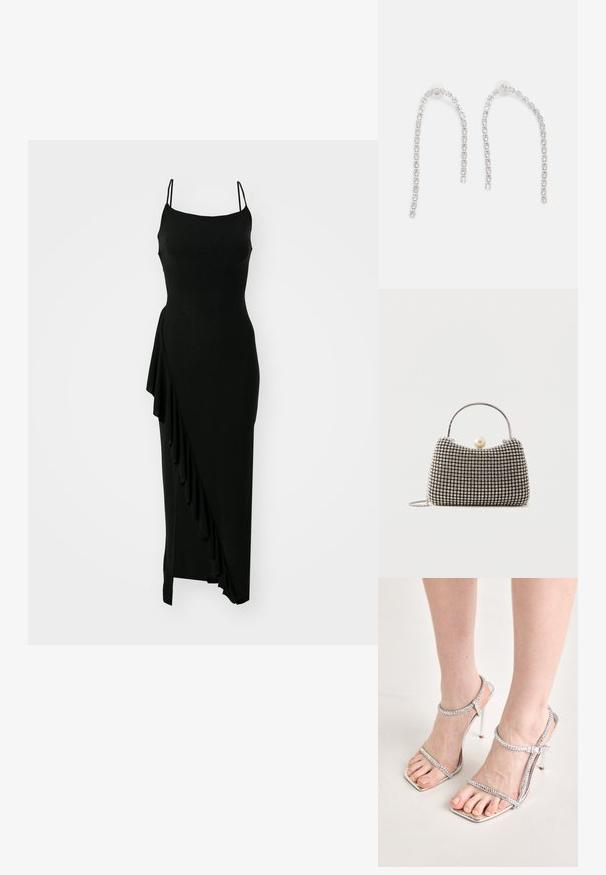 Sort, ærmeløs kjole med tætsiddende bodice, asymmetrisk flæsedetail på den ene side og en lang, glat silhuet. Fremstillet af et strækbart materiale.; Fødder iført sølvfarvede højhælede sandaler med tynde stropper og firkantede tå, som står på en lys overflade.; Lille håndtaske med sølv gittermønster, buet håndtag, stor perle lukning og en tynd sølvkæde strop på en ensfarvet baggrund.; Sølvøreringe med hængende kæder, prydet med flere klare ædelsten arrangeret i et lineært mønster, der giver en glitrende effekt.