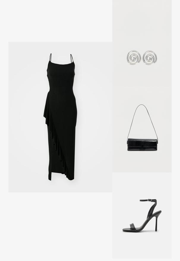 Robe noire sans manches avec un corsage ajusté, détail de volants asymétriques sur un côté et une silhouette longue et lisse. Fabriquée dans un matériau extensible.; Sandale à talons hauts noire avec une fine sangle au niveau de la cheville et deux bandes à l'avant. Fabriquée en cuir lisse avec un bout pointu élégant et un talon aiguille.; Sac à bandoulière en cuir noir effet croco, forme rectangulaire, texture brillante, avec une fine sangle réglable et une fermeture à rabat frontale.; Paire de boucles d'oreilles en forme d'anneau spirale en argent avec un design lisse et arrondi sur fond blanc uni.