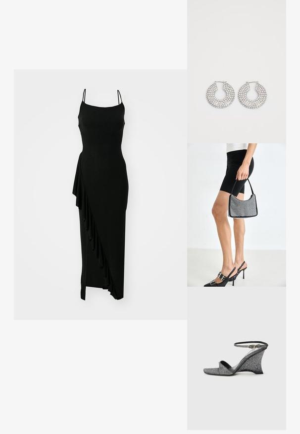 Zwarte mouwloze jurk met een getailleerde bovenkant, asymmetrische ruffle-detail aan één zijde en een lange, gladde silhouet. Gemaakt van rekbaar materiaal.; Zilveren glitter sleehak sandaal met open teen, enkelbandje en gouden gesp, zijaanzicht tegen een effen lichte achtergrond.; Zwarte beaded handtas met een gebogen silhouet, draaghandvat en glanzende textuur. Draagt bij hoge zwarte hakken en strakke zwarte shorts.; Zilveren hoepeloorbellen versierd met meerdere heldere kristalaccenten, met een gestructureerd oppervlak en een open cirkelvormig ontwerp.