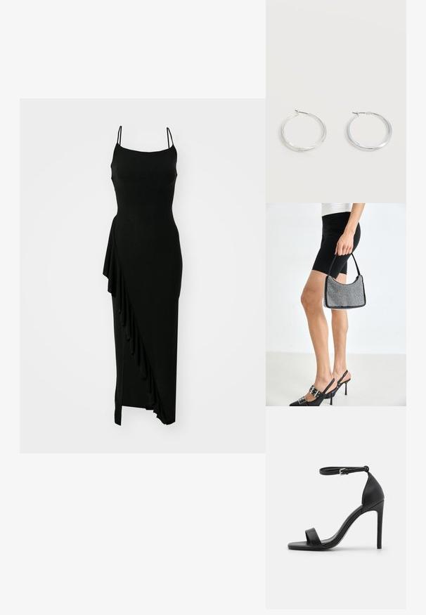 Zwarte mouwloze jurk met een getailleerde bovenkant, asymmetrische ruffle-detail aan één zijde en een lange, gladde silhouet. Gemaakt van rekbaar materiaal.; Zwarte sandalen met hoge hakken, met een slank ontwerp, voorzien van een enkelbandje, open teen en een gladde leren textuur.; Zwarte beaded handtas met een gebogen silhouet, draaghandvat en glanzende textuur. Draagt bij hoge zwarte hakken en strakke zwarte shorts.; Zilverkleurige metalen creolen oorbellen met een glad, licht gebogen oppervlak en sluitingen met haaksluiting op een effen witte achtergrond.