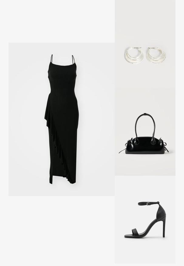 Robe noire sans manches avec un corsage ajusté, détail de volants asymétriques sur un côté et une silhouette longue et lisse. Fabriquée dans un matériau extensible.; Sandale noire à talons hauts au design épuré, avec une bride au niveau de la cheville, un bout ouvert et une texture en cuir lisse.; Petit sac à main noir brillant avec deux longues anses et des détails à cordon sur les côtés sur un fond clair uni.; Boucles d'oreilles créoles en argent avec trois bandes semi-circulaires superposées, dont une ornée de petits cristaux clairs sur un fond clair.