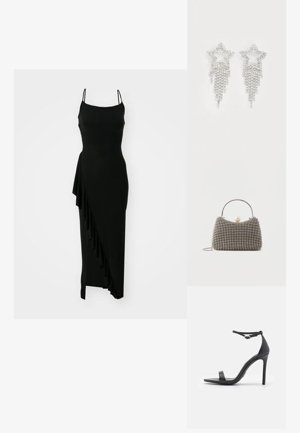 Sort, ærmeløs kjole med tætsiddende bodice, asymmetrisk flæsedetail på den ene side og en lang, glat silhuet. Fremstillet af et strækbart materiale.; Sorte højhælede sandaler med åben tå, tynde stropper og spænde om anklen. Glat lædertekstur med spidse tådesign.; Lille håndtaske med sølv gittermønster, buet håndtag, stor perle lukning og en tynd sølvkæde strop på en ensfarvet baggrund.; Rhinestone stjerne øreringe med dryppende frynsedetaljer, præget af sølvfarve og en blank, reflekterende overflade. Stjernedesign med detaljeret udformning.