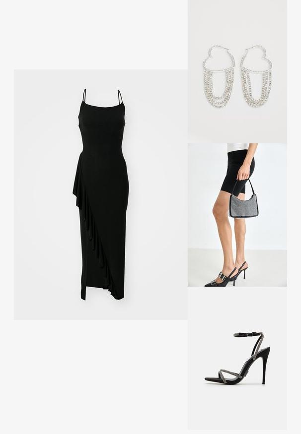 Sort, ærmeløs kjole med tætsiddende bodice, asymmetrisk flæsedetail på den ene side og en lang, glat silhuet. Fremstillet af et strækbart materiale.; Sort højhælet sandal med tynde, udsmykkede stropper og spænde om anklen. Svart lædermateriale, åben tå og en slank, spids silhuet.; Sort perlehandtaske med en buet silhuet, bærehåndtag og blank overflade. Båret med højhælede sorte sko og tætsiddende sorte shorts.; Sølv hoops i hjerteform, prydet med hængende strenge af klare rhinsten for ekstra glans og struktur.
