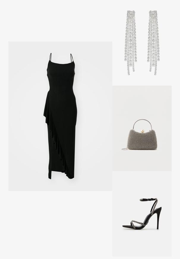 Zwarte mouwloze jurk met een getailleerde bovenkant, asymmetrische ruffle-detail aan één zijde en een lange, gladde silhouet. Gemaakt van rekbaar materiaal.; Zwarte hoge hak sandaal met dunne, met edelstenen versierde bandjes en een enkelgesp. Suède materiaal, open teen en een slanke, puntige silhouet.; Kleine handtas met zilverkleurig rasterpatroon, gebogen handvat, grote parel sluiting en een dunne zilveren kettingriem op een effen achtergrond.; Lange zilveren oorbellen met een scala aan heldere, facetteerde kristallen in een waterval van strengen met variërende lengtes en vormen.