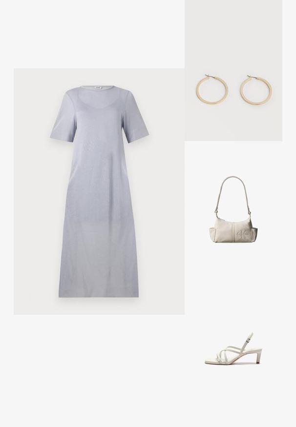 Lys grå, kortærmet, mellemlang kjole lavet af blødt stof med en glat tekstur og rund halsudskæring, der har en afslappet pasform.; Zign by Zalando Pumps - off white; Lille beige læder skuldertaske med justerbar rem og præget Calvin Klein-logo foran i midten.; Par af glatte guldfarvede mellemstore øreringe med hængsellukning på en ensartet lys baggrund.
