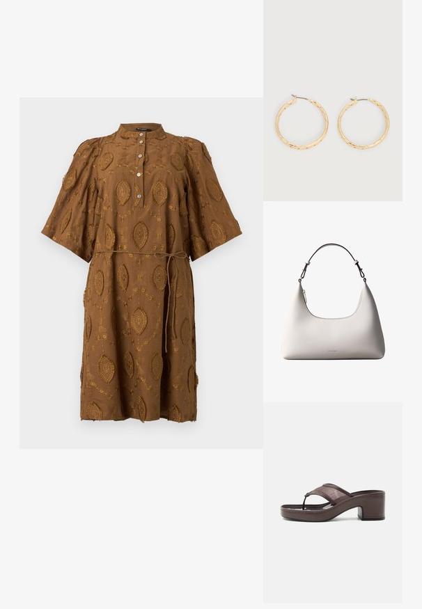 Robe marron longueur genou avec motifs ovales brodés, manches courtes larges, patte de boutonnage devant et fine ceinture à nouer à la taille.; Sandale marron à talon avec lanière en mesh et design en tige, dotée d'un talon bloc et d'une semelle cousue, présentée de profil sur fond blanc.; Sac à bandoulière en cuir couleur crème de Calvin Klein avec bord supérieur incurvé, fermeture éclair argentée et sangle ajustable brun foncé.; Paire de boucles d'oreilles créoles texturées en ton or avec tiges fines sur fond blanc.