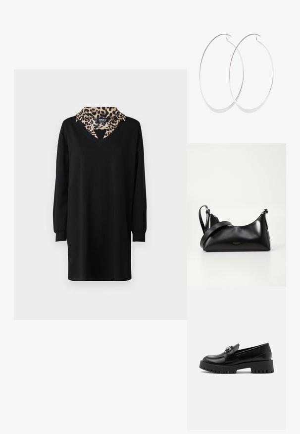 Vestido negro con escote en V y mangas largas, que presenta un cuello de leopardo. Hecho de un tejido suave, tiene una silueta holgada.; Mocasines de cuero negro con una suela gruesa y estriada y un acento de hebilla metálica en la correa. Textura suave, diseño clásico.; Bolso de mano de cuero negro con una textura suave. Cuenta con una correa ajustable y un diseño elegante y minimalista con cierre de cremallera.; Pendientes de aro plateados con un diseño delgado y suave; forma ovalada alargada; acabado pulido; presentan un cierre de gancho seguro.