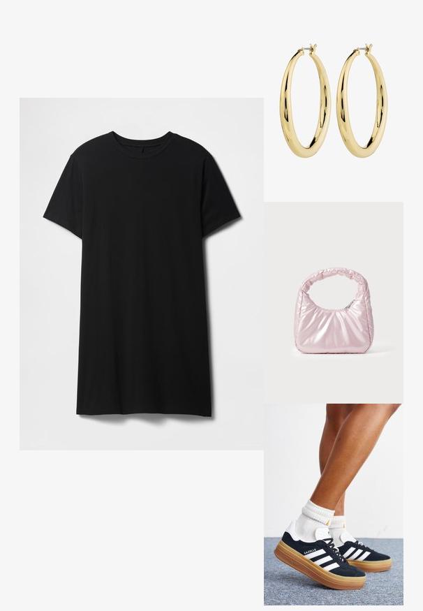 Sort kortærmet t-shirt lavet af bomuld, med klassisk rund halsudskæring og en lige kant, med en glat, mat tekstur.; Ben iført hvide sokker og sorte Adidas Gazelle sneakers med hvide striber og tykke brune såler på et gråt tæppe.; Rosa, polstret håndtaske med afrundet design, lavet af skinnende materiale. Har et samlet håndtag og en lynlås til sikker adgang.; Guld hoops øreringe med en glat, poleret overflade. Cirkelformet, med en sikker lås på toppen. Overfladen reflekterer lys.