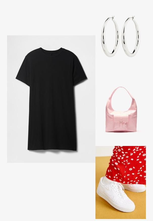 Sort kortærmet t-shirt lavet af bomuld, med klassisk rund halsudskæring og en lige kant, med en glat, mat tekstur.; Hvide lædersneakers med blomsterprægede detaljer, rund tå og en tekstureret gummisål. Parret med røde bukser med hvidt blomsterprint.; Lyserød håndtaske med en blank finish, stor skulderrem, forlommer med dekorativ spænde detalje. Glat tekstur, minimalistisk design.; Sølv hoops øreringe med en glat, reflekterende overflade. Rund, stor form med en sikker lås øverst. Den polerede finish fremhæver glansen.