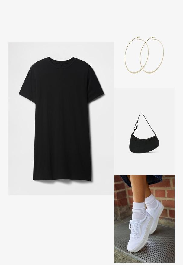 Sort kortærmet t-shirt lavet af bomuld, med klassisk rund halsudskæring og en lige kant, med en glat, mat tekstur.; Hvide lærreds sneakers med gummisåler, der har seks snørehuller, rund tå og let sømdetaljer, krydret med hvide ankelstrømper.; Sort håndtaske med en buet form, blød tekstur og en kort stropp med en metalspænde. Minimalistisk design uden mønstre eller accenter.; Pilgrim Øreringe - gold-coloured