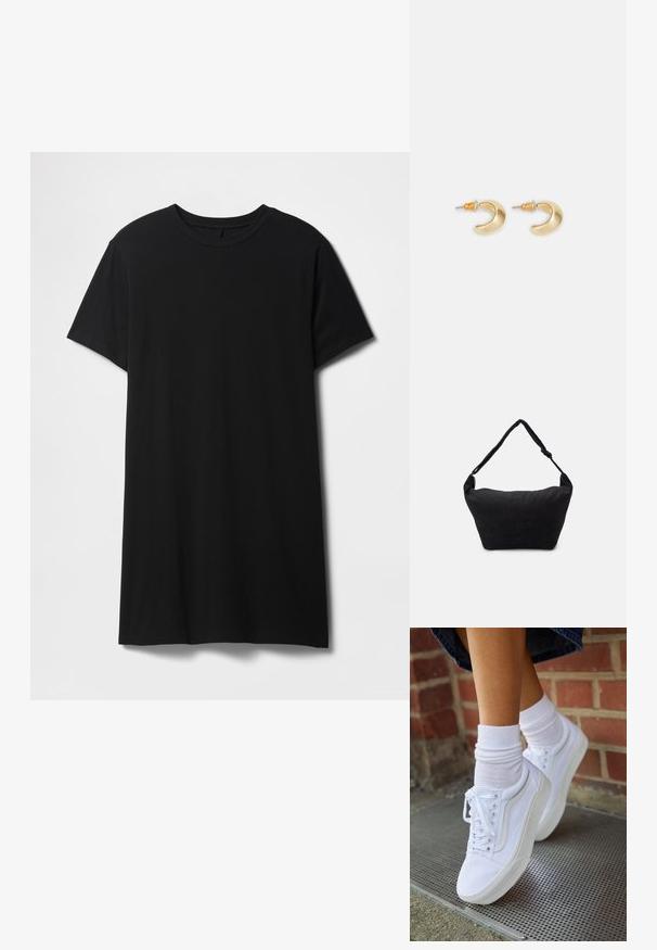 Sort kortærmet t-shirt lavet af bomuld, med klassisk rund halsudskæring og en lige kant, med en glat, mat tekstur.; Hvide lærreds sneakers med gummisåler, der har seks snørehuller, rund tå og let sømdetaljer, krydret med hvide ankelstrømper.; Sort stof skuldertaske med en blød tekstureret overflade, rund form og en enkelt rem. Minimalistisk design uden synligt hardware eller accenter.; Guld halvmåneformede øreringe med en glat overflade, der har orange accenter nær stiften og sølv hardware.