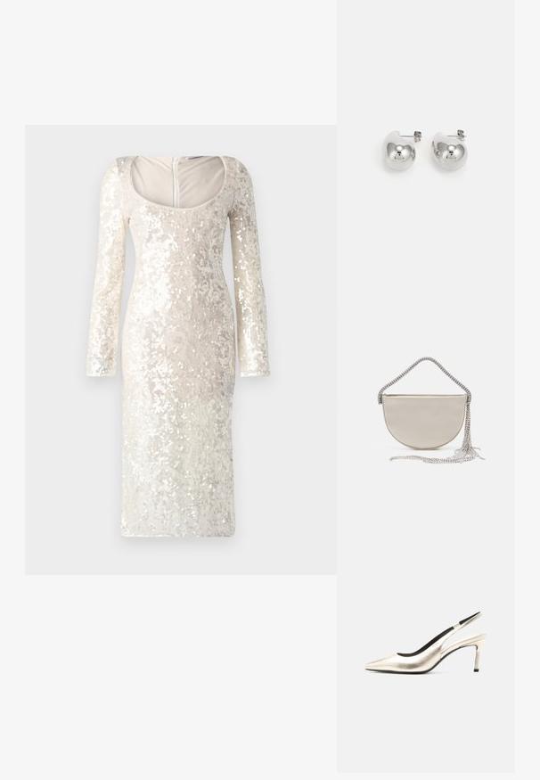 Langärmliges, cremefarbenes Kleid, das mit Pailletten bedeckt ist, mit einem runden Ausschnitt und einer taillierten Silhouette. Verfügt über einen Reißverschluss im Rücken.; Metallischer goldener Slingback-Schuh mit spitz zulaufender Zehenpartie, mittelhohem Stiletto-Absatz und schwarzer Innenausstattung vor weißem Hintergrund.; Halbmond-Clutch aus beigem Satin mit einer funkelnden silbernen Kettenriemen und Fransendetail. Glatte Textur mit minimalistischem Design.; Silberne Tropfohrringe mit abgerundeten, reflektierenden Oberflächen; minimalistisches Design mit glatter Textur und subtilen Brandingdetails.