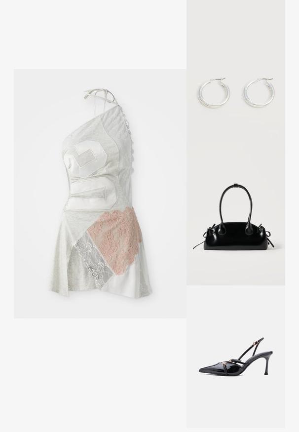 Une robe asymétrique en tissu gris avec un design en patchwork, incluant des accents en dentelle blanche et rose pâle, et un grand chiffre 26 en blanc.; Escarpin slingback à bout pointu en cuir verni noir avec fines brides et petites boucles dorées sur fond blanc.; Petit sac à main noir brillant avec deux longues anses et des détails à cordon sur les côtés sur un fond clair uni.; Paire de boucles d'oreilles créoles moyennes argentées brillantes avec de fines attaches métalliques sur un fond clair et neutre.