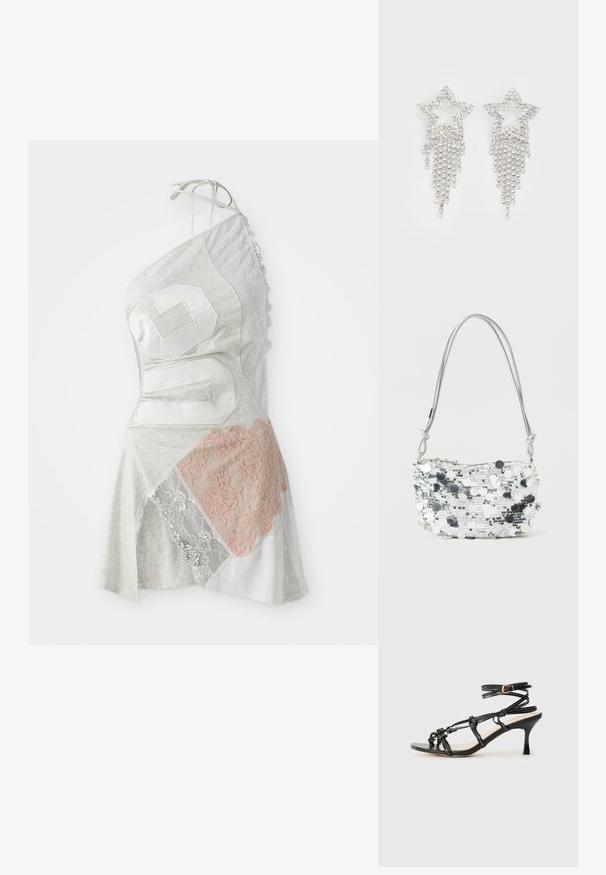 Une robe asymétrique en tissu gris avec un design en patchwork, incluant des accents en dentelle blanche et rose pâle, et un grand chiffre 26 en blanc.; Sandale à talons hauts en cuir verni noir avec un design à lanières, sangle de cheville ajustable et détails noués. Texture lisse, bout pointu.; Sac à main en sequins argentés de forme arrondie, avec une fermeture éclair et une fine bandoulière métallique. Présente des accents circulaires réfléchissants et une surface texturée.; Boucles d'oreilles en strass en forme d'étoile avec des détails de franges en cascade, présentant une teinte argentée et une surface brillante et réfléchissante. Forme d'étoile avec un design complexe.