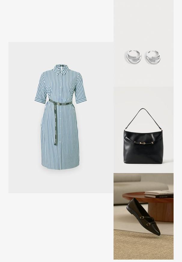 Robe chemise midi à rayures verticales bleu et blanc, manches courtes, boutonnée à l'avant, col pointu, et ceinture noire de marque à la taille.; Chaussure plate noire à bout pointu avec deux fines brides à boucle flottant au-dessus d'un tapis beige, avec une table basse en bois et des livres en arrière-plan.; Sac à épaule en cuir noir avec une bandoulière unique et un petit détail de boucle dorée à l'avant, sur un fond clair uni.; Paire de boucles d'oreilles anneaux en argent poli avec un design de barre incurvée superposée sur un fond clair uni.