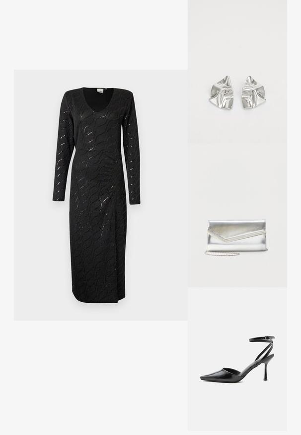 Vestido negro de manga larga con escote en V, que presenta un patrón de ondas texturizado y un ligero brillo. Largo hasta los tobillos con una abertura lateral para facilitar el movimiento.; Zapato de tacón alto negro de punta fina con delgadas correas en el tobillo y cierre de hebilla plateada sobre un fondo liso claro.; Bolso clutch plateado brillante con solapa de estilo sobre y adorno decorativo, pequeña correa de cadena plateada, sobre fondo liso claro.; Pendientes de metal plateado con un diseño ondulado y escultórico, que presentan un acabado pulido y formas irregulares, destacando una estética contemporánea.