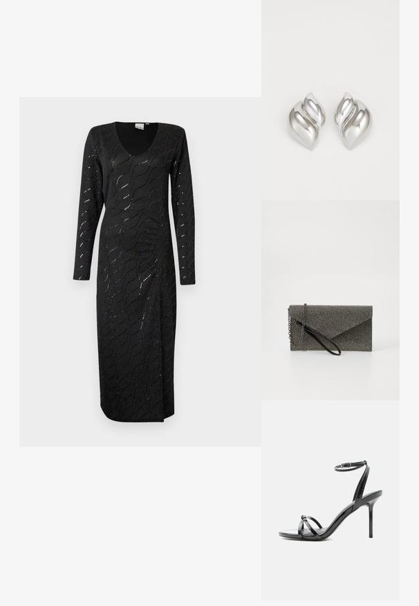 Vestido negro de manga larga con escote en V, que presenta un patrón de ondas texturizado y un ligero brillo. Largo hasta los tobillos con una abertura lateral para facilitar el movimiento.; Sandalia de tacón alto de charol negro con tiras finas que cruzan los dedos y una correa con hebilla en el tobillo sobre un fondo blanco.; Cartera de mano metálica gris con patrón de malla texturizada, diseño de sobre, cadena como correa y una correa de muñeca delgada y elegante.; Pendientes de plata con una forma orgánica y abstracta. Superficie lisa y brillante con un diseño cónico. Presentan suaves curvas y un detalle de línea central.