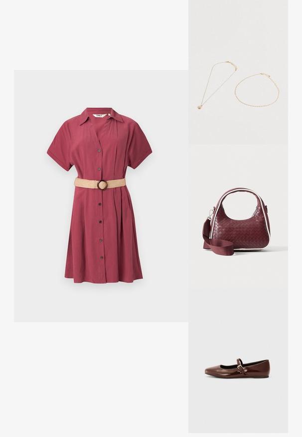 Maroon t-paita mekko lyhyillä hihoilla, nappi edessä ja poimutuksia. Mukana beigellä kudottu vyö, jossa on pyöreä solki. Sileä, kevyt kangas.; Kahvikuvioinen patentti-nahkainen balettipohja, jossa on neliskulmainen varvasosa ja nauha, jossa on pieni kultainen solki. Sujuva pinta, matala korko ja minimalistinen muotoilu.; Tummanpunainen kudottu nahkainen käsilaukku kaarevalla kahvalla, valkoisella reunuksella, hopeisella vetoketjulla ja irrotettavalla leveällä kangasolkaimella yksivärisellä taustalla.; Kaksi hentoa kultaketjua, jotka on asetettu valkoiselle pinnalle; toisessa on pyöreä helmiäispendantti ja toisessa yksinkertainen ketjukaulakoru.