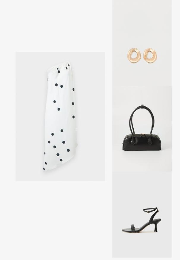 Λευκό φόρεμα με έναν ώμο και μαύρα πουά, ασύμμετρο τελείωμα και λεπτομέρεια με ρίγες στο ντεκολτέ σε απλό φόντο.; Μαύρη δερμάτινη σανδάλι με τακούνι και λουρί στον αστράγαλο, που διαθέτει κομψό σχέδιο, ανοιχτό μπροστινό μέρος και λεπτό τακούνι για μια κομψή σιλουέτα.; Μαύρη δερμάτινη τσάντα χειρός με δύο επιμήκεις λαβές, φερμουάρ, και στρογγυλή σιλουέτα; λεία υφή με διακριτή γυαλιστερή φινίρισμα.; Ζευγάρι σκουλαρικιών κρίκος από μέταλλο σε χρυσή απόχρωση με γυαλιστερό φινίρισμα και ακανόνιστο σχήμα, με ανοιχτό κέντρο, σε λευκό απλό φόντο.