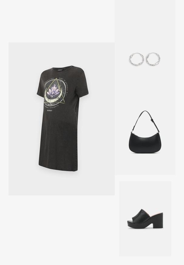 Sort t-shirt kjole med et lotusskema i lilla og hvid, med geometriske designs og tekst på fronten. Korte ærmer, rund halsudskæring.; Sorte læder open-toe mules har et bredt forreste strop og en chunky, høj platformhæl med en glat tekstur. Vist fra siden.; Pieces PCALUANA SHOULDER BAG - Håndtasker - black; Sølv hoops med en bølget, uregelmæssig tekstur. Har en tynd, cirkulær form og en reflekterende finish.