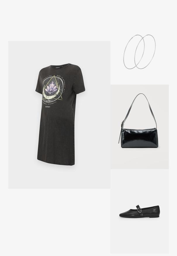 Vestido camiseta negro con un gráfico de flor de loto en púrpura y blanco, con diseños geométricos y texto en la parte frontal. Mangas cortas, cuello redondo.; Zapato plano de cuero negro con punta redondeada, una sola correa ajustable con hebilla y una textura suave y brillante. Diseño minimalista con un tacón bajo.; Bolso de hombro rectangular negro con una correa ajustable y un cierre de cremallera superior sobre un fondo liso.; Pendientes de aro plateados con un diseño minimalista. Forma circular, textura suave y perfil delgado. Livianos con un acabado pulido.