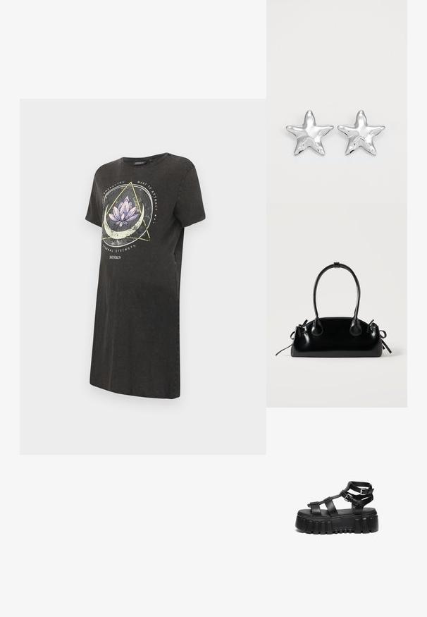 Schwarzes T-Shirt-Kleid mit einem grafik von einer Lotusblume in Lila und Weiß, mit geometrischen Designs und Text auf der Vorderseite. Kurze Ärmel, runder Halsausschnitt.; Schwarze Plateausandalen verfügen über geschichtete Riemen und Schnallenakzente, mit einer klobigen, strukturierten Sohle und einem glatten Fußbett-Design.; Kleine schwarze glänzende Handtasche mit zwei langen Griffen und seitlichen Kordelzug-Details vor einfachem hellem Hintergrund.; Silberne sternförmige Ohrringe mit einer polierten, glänzenden Oberfläche. Jeder Ohrring hat fünf Spitzen und dezente Oberflächentexturdetails.