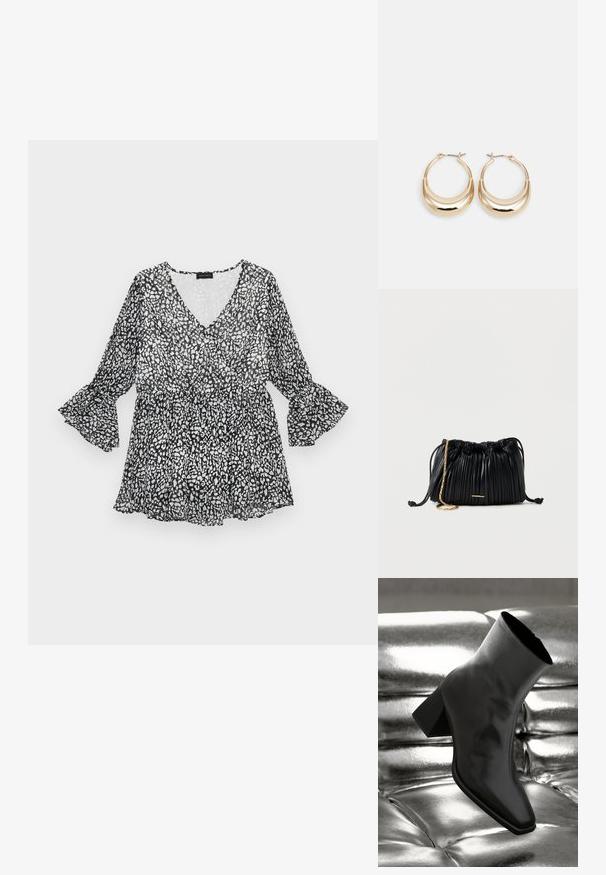 Blouse à motifs noir et blanc avec un décolleté en V, des manches longues évasées et une taille cintrée. Matière légère et transparente avec une silhouette fluide.; Botte noire à la cheville en matériau brillant avec un bout carré et un talon effilé, sur un fond argenté brillant et capitonné.; Sac à main en cuir noir plissé avec cordon de serrage, bandoulière chaîne dorée et petit accent horizontal doré sur le devant.; Boucles d'oreilles créoles dorées en forme de croissant, avec une surface polie et un fermoir à charnière. La texture lisse et la finition réfléchissante améliorent la visibilité.