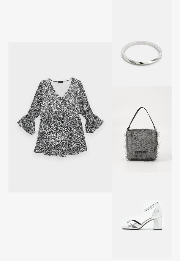 Blouse à motifs noir et blanc avec un décolleté en V, des manches longues évasées et une taille cintrée. Matière légère et transparente avec une silhouette fluide.; Sandale argentée en métal montante à talon bloc, dotée de brides entrecroisées et d'une boucle à la cheville pour un ajustement sécurisé. Texture lisse.; Sac en tricot noir et blanc en chevrons avec des bords frangés, doté d'une fine bandoulière et d'un logo sur le devant.; Bracelet en métal argenté avec une surface lisse et brillante et des bords plats. Présente un design circulaire ouvert avec un détail de fermoir subtil.