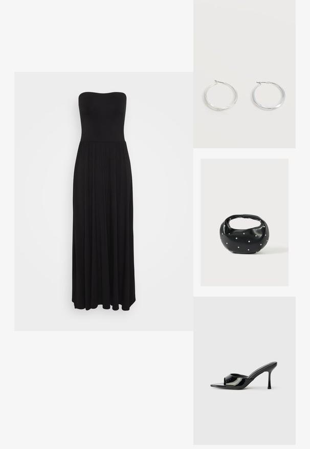 Sort strapless maxikjole lavet af strækbart stof, med en tætsiddende overdel og en flydende nederdel med plisserede detaljer for ekstra volume.; Sorte patenterede læder open-toe mules med en smal strop og stiletto hæl. Glat tekstur og minimalistisk design med en flad sål.; Sort læderhåndtaske med en rundet form, dekoreret med sølvnitter, og et kort håndtag. Glat tekstur og lynlåslukning.; Sølvfarvede metaloorringe med glat, let buet overflade og låsemekanisme på en ensfarvet hvid baggrund.