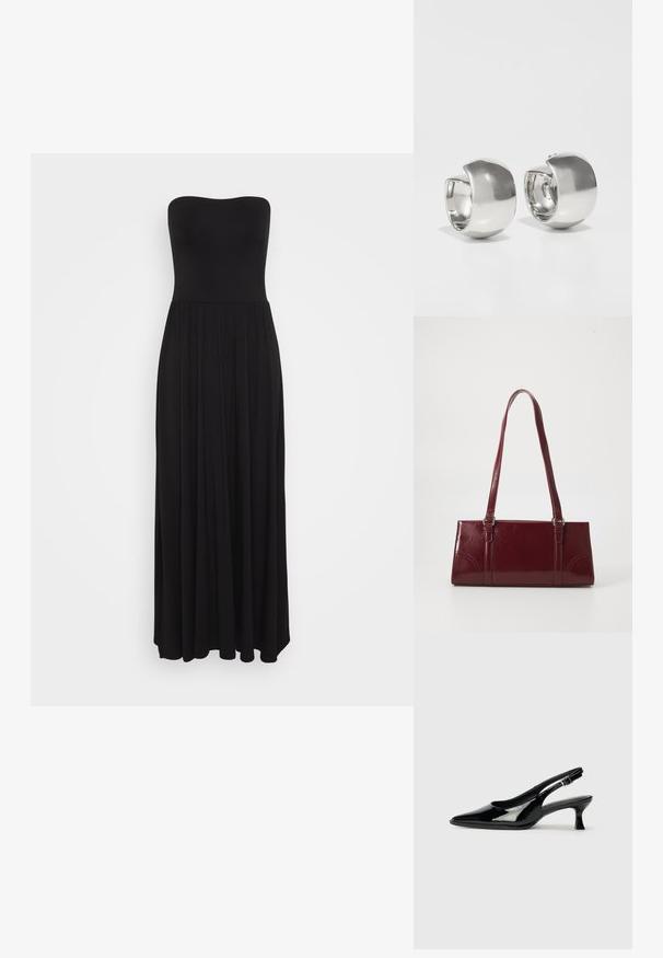 Sort strapless maxikjole lavet af strækbart stof, med en tætsiddende overdel og en flydende nederdel med plisserede detaljer for ekstra volume.; Sorte patenterede slingback-sko med spidse tæer og lav blokhæl. Justerbar spænde-rem ved anklen.; Bordeaux håndtaske lavet af glansfuldt materiale, rektangulær form, med to skulderremme og subtile buede detaljer på forsiden.; Uncommon Matters SCULPTURAL LARGE CREOLE - Øreringe - silver-coloured