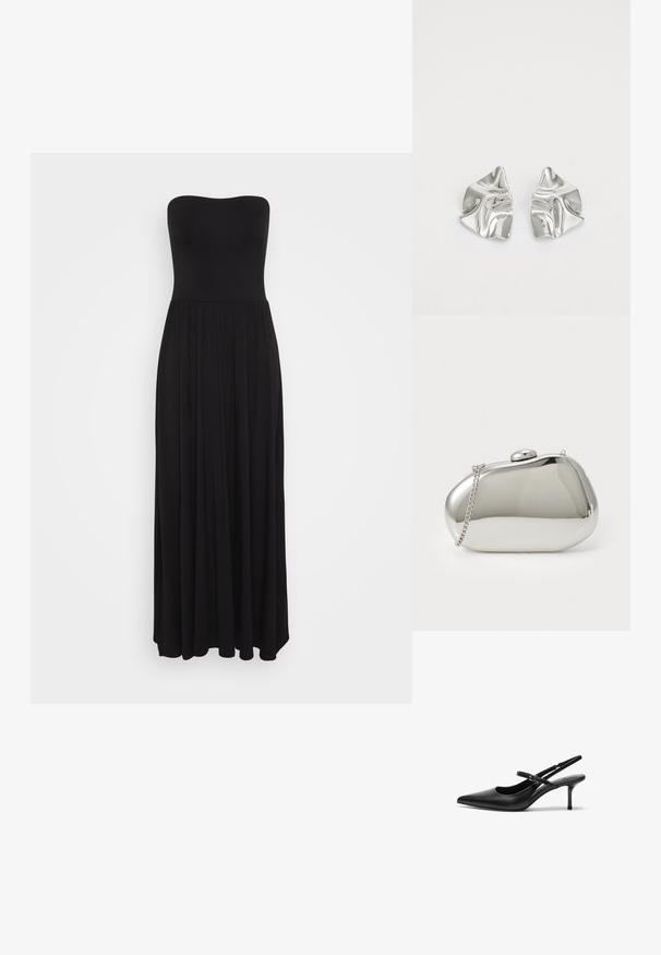 Schwarzes trägerloses Maxikleid aus dehnbarem Material, mit einem taillierten Oberteil und einem fließenden Rock mit plissierten Details für zusätzlichen Volumen.; Schwarze Leder Slingback-Absätze mit einer spitzen Zehenform, schmalem verstellbarem Riemen und einem etwa 5 cm hohen Stiletto-Absatz, glatte Textur.; Silberner Metallclutch mit einer abgerundeten, glatten Form. Verfügt über einen Verschluss und einen abnehmbaren Kettenriemen. Reflektierende Oberfläche ohne Muster.; Silberne Metallohrringe mit einem wellenförmigen, skulpturalen Design, das eine polierte Oberfläche und unregelmäßige Formen aufweist, die eine zeitgenössische Ästhetik betonen.