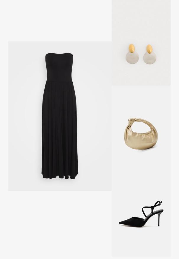 Schwarzes trägerloses Maxikleid aus dehnbarem Material, mit einem taillierten Oberteil und einem fließenden Rock mit plissierten Details für zusätzlichen Volumen.; Schwarzer High-Heel Schuh mit spitzer Spitze, dünnem Stiletto-Absatz und dünnen Knöchelriemen mit silberner Schnalle auf weißem Hintergrund.; Goldfarbene Metall-Handtasche mit glatter, glänzender Textur. Verfügt über einen geknoteten Griff und eine abgerundete, weiche Form. Reißverschlussverschluss an der Oberseite.; Ohrringe aus Gold und Silber mit einer runden Diskusbasis und einem ovalen Oberteil, glatte Textur und polierte Oberfläche.