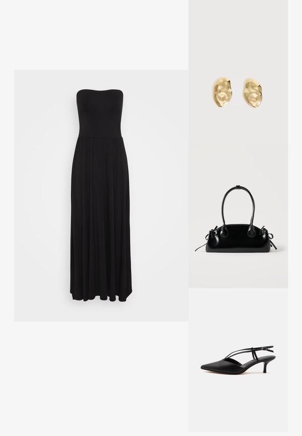 Sort strapless maxikjole lavet af strækbart stof, med en tætsiddende overdel og en flydende nederdel med plisserede detaljer for ekstra volume.; Sort læder spids tå kitten heel med tynd ankelrem og spænde, slingback design, på en ensfarvet lys baggrund.; Lille sort blank håndtaske med to lange håndtag og snøre-detaljer i siden på en ensfarvet lys baggrund.; Par skinnende, ujævnt formede øreringe af guldmetal med en krøllet, glat overflade på en ensartet lys baggrund.