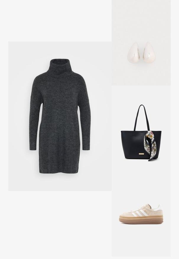Donkergrijze, gebreide coltrui met lange mouwen en een ontspannen pasvorm. Heeft ribgebreide manchetten en een gladde, zachte textuur.; Beige suède sneaker met witte leren accenten, voorzien van drie witte strepen, een gouden logo en een dikke, doorschijnende rubberen zool.; Zwarte leren tote bag met twee schouderriemen, voorzien van een zijden sjaal met bloemenprint die aan de handgreep is geknoopt en een metallic logo-accent aan de voorkant.; Zilveren metalen druppeloorbellen met een gladde, reflecterende oppervlakte en een druppelvorm, voorzien van een naadloos ontwerp en zonder zichtbare versieringen.