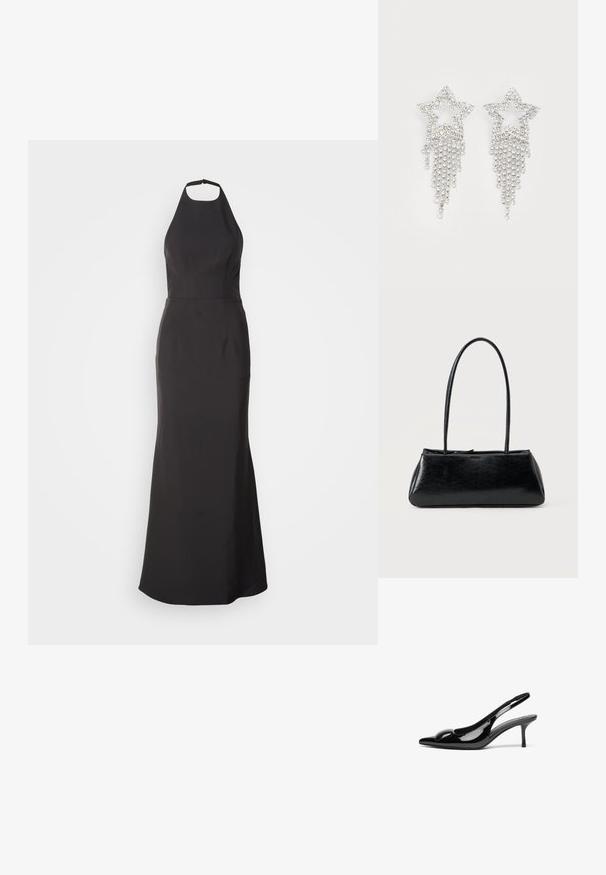 Robe de soirée noire à col halter avec un corsage ajusté et une jupe évasée. Fabriquée en tissu lisse, elle présente des lignes épurées et aucun motif visible.; Escarpins slingback en cuir verni noir avec un bout pointu et une finition brillante. Présente un talon fin et un accent arrondi au dessus du pied.; Sac à épaule rectangulaire noir avec de longues bretelles fines et une texture lisse et brillante sur un fond uni.; Boucles d'oreilles en strass en forme d'étoile avec des détails de franges en cascade, présentant une teinte argentée et une surface brillante et réfléchissante. Forme d'étoile avec un design complexe.