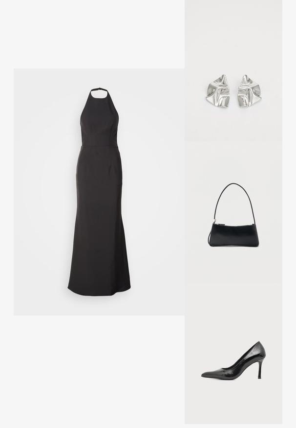 Schwarzes Abendkleid mit Halsband und figurbetontem Oberteil sowie ausgestelltem Rock. Hergestellt aus glattem Stoff, mit klaren Linien und ohne sichtbare Muster.; Schwarzer Damenspitzschuh aus Lackleder mit spitzer Zehenpartie und schlankem Absatz auf hellem, schlichter Hintergrund.; Schwarze rechteckige Handtasche mit dünnem Riemen und Reißverschluss, vor einem schlichten weißen Hintergrund.; Silberne Metallohrringe mit einem wellenförmigen, skulpturalen Design, das eine polierte Oberfläche und unregelmäßige Formen aufweist, die eine zeitgenössische Ästhetik betonen.