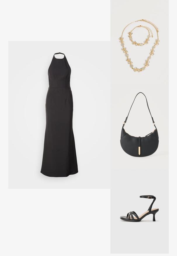 Schwarzes Abendkleid mit Halsband und figurbetontem Oberteil sowie ausgestelltem Rock. Hergestellt aus glattem Stoff, mit klaren Linien und ohne sichtbare Muster.; Schwarze Absatzsandalen mit mehreren dünnen Riemen über den Zehen, einem einzelnen Knöchelriemen mit goldener Schnalle und einer quadratischen Zehenform.; Schwarze halbmondförmige Handtasche mit einem einzelnen Träger, goldenem Reißverschluss und einer goldenen rechteckigen dekorativen Lasche vorne.; Goldfarbener Halsketten- und Armband-Set mit klaren Kristallblumen- und Blattdesigns, beide mit verstellbaren Kettenverschlüssen auf weißem Hintergrund.