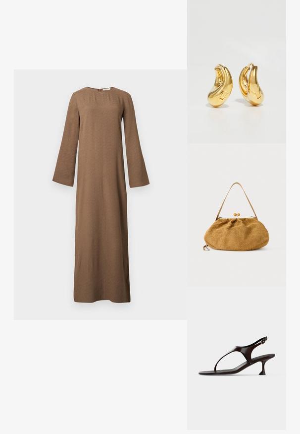 Longue robe marron avec encolure ronde, manches longues et larges, et fermeture éclair au dos, présentée sur fond blanc uni.; Sandale slingback en cuir verni marron foncé avec petit talon et bride entre les orteils sur fond blanc.; Sac à main tressé marron avec un corps arrondi, une fermeture à bouton boule en bois, et une bandoulière fine en cuir.; Boucles d'oreilles en or en forme de d'anneaux lisses et courbés avec une finition polie. Équipées d'un mécanisme de fermeture et de légères indentations pour le détail.