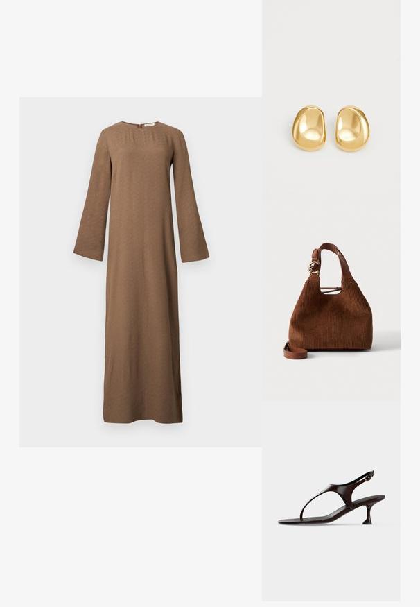 Longue robe marron avec encolure ronde, manches longues et larges, et fermeture éclair au dos, présentée sur fond blanc uni.; Sandale slingback en cuir verni marron foncé avec petit talon et bride entre les orteils sur fond blanc.; Sac à main en velours côtelé marron avec une bandoulière en cuir, un détail de boucle dorée et une bandoulière d'épaule en cuir supplémentaire sur fond blanc.; Boucles d'oreilles en forme de clou de couleur or, avec une forme lisse et arrondie et une surface réfléchissante, mettant en avant un design minimaliste sans motifs visibles.