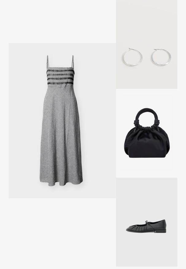 Robe midi en vichy noir et blanc à fines bretelles, détail en dentelle sur le buste, taille ajustée et jupe évasée.; Chaussure plate noire avec design plissé à l'avant et un nœud noué sur le dessus, petit talon, et texture lisse sur un fond gris clair.; Sac à main en tissu noir doux avec haut froncé et poignées circulaires rembourrées nouées de chaque côté.; Boucles d’oreilles créoles en métal argenté avec une surface lisse légèrement incurvée et des fermoirs à clapet sur un fond blanc uni.