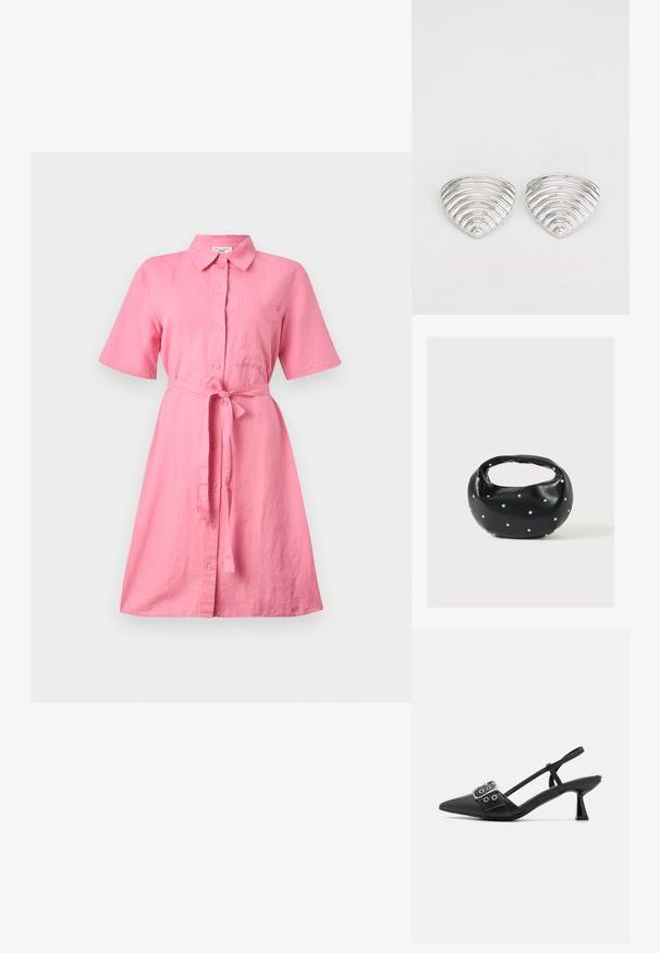 Roze linnen shirtjurk met korte mouwen, knoopsluiting aan de voorkant en een strikceintuur in de taille. Heeft een borstzak en een losse pasvorm.; Simmi London DALA - Klassieke pumps - black; Zwarte leren handtas met een afgeronde vorm, versierd met zilveren studs, en een korte handgreep. Gladde textuur en ritsluiting.; Zilverkleurige oorknoppen met een golvend, getextureerd ontwerp, gevormd als overlappende maanschijven; de gepolijste afwerking versterkt de reflecterende kwaliteiten.