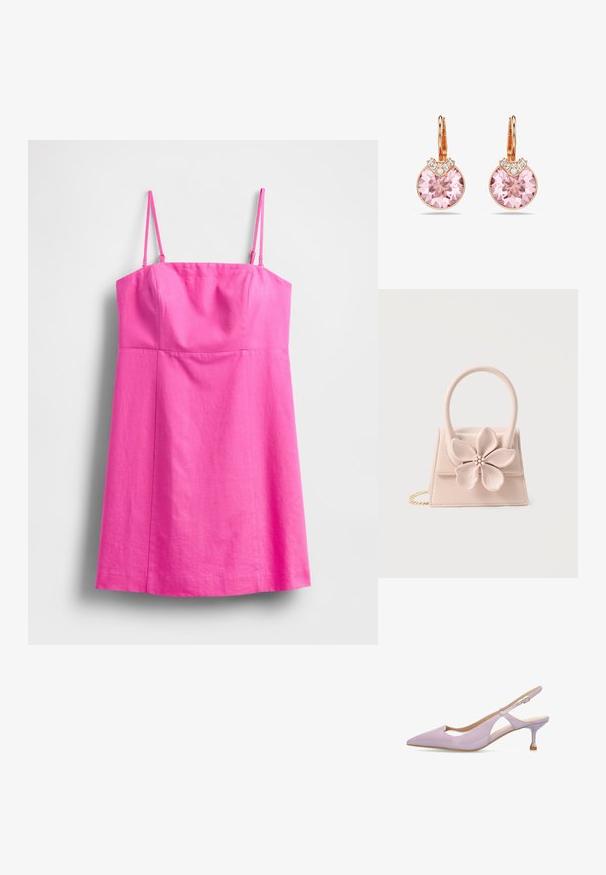 Robe rose sans manches avec des bretelles fines, un corsage ajusté et une jupe fluide. Conçue en tissu léger au toucher doux.; Escarpin slingback en cuir verni lavande avec bout pointu, bride à boucle réglable et talon stiletto moyen fin orné de détails métalliques.; Petit sac à main rose pâle avec une grande décoration florale ornée d'un centre en perles et strass, poignée supérieure et bandoulière en chaîne dorée.; Boucles d'oreilles en or rose ornées de grands cristaux roses avec un facettage complexe, agrémentées de petites pierres décoratives transparentes.