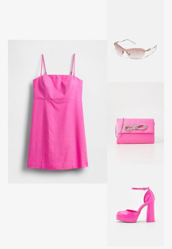 Roosa varrukateta kleit õhukeste rihmadega, keha ümberistuv bodi ja voogav seelik. Valmistatud kerge kangaga, millel on sile tekstuur.; Call it Spring ANABELLE - Platvormkontsad - dark pink; Roosad ombre päikeseprillid läbipaistva raami ja läbipaistvate ning roosade kivikestega kaunistatud ülemise serva ääres ning metallikdetailidega käepidemetel.; Roosa faux nahast klamber hõbedase kettrihmaga ja ees rhinestone-sõlme aktsendiga. Ristkülikukujuline kuju sujuva tekstuuriga.
