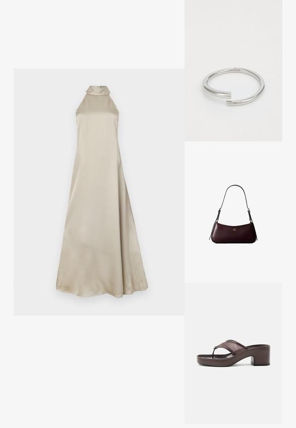 Vestido maxi en satén beige claro, con cuello alto y una silueta fluida. Textura suave con un ligero brillo, sin patrones visibles.; Sandalia marrón con tacón, banda de malla y diseño de tira, con tacón cuadrado y suela cosida, mostrada de perfil sobre fondo blanco.; Bolso de mano de cuero burdeos oscuro con una delgada correa negra para el hombro y pequeño logo dorado "cK" en el centro delantero.; Calvin Klein SPIRAL - Pulsera - silver-coloured