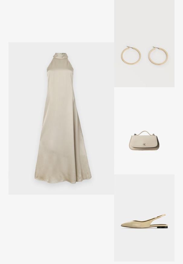 Vestido maxi en satén beige claro, con cuello alto y una silueta fluida. Textura suave con un ligero brillo, sin patrones visibles.; Zapato plano beige con puntera puntiaguda, diseño slingback, tacón bajo negro y acabado en cuero liso, mostrado de perfil sobre un fondo liso.; Pequeño bolso de mano de cuero beige con asa superior y logo plateado de CK en la solapa frontal, mostrado sobre un fondo blanco.; Par de pendientes de aro de tamaño mediano con tono dorado y cierre de bisagra sobre un fondo claro y liso.