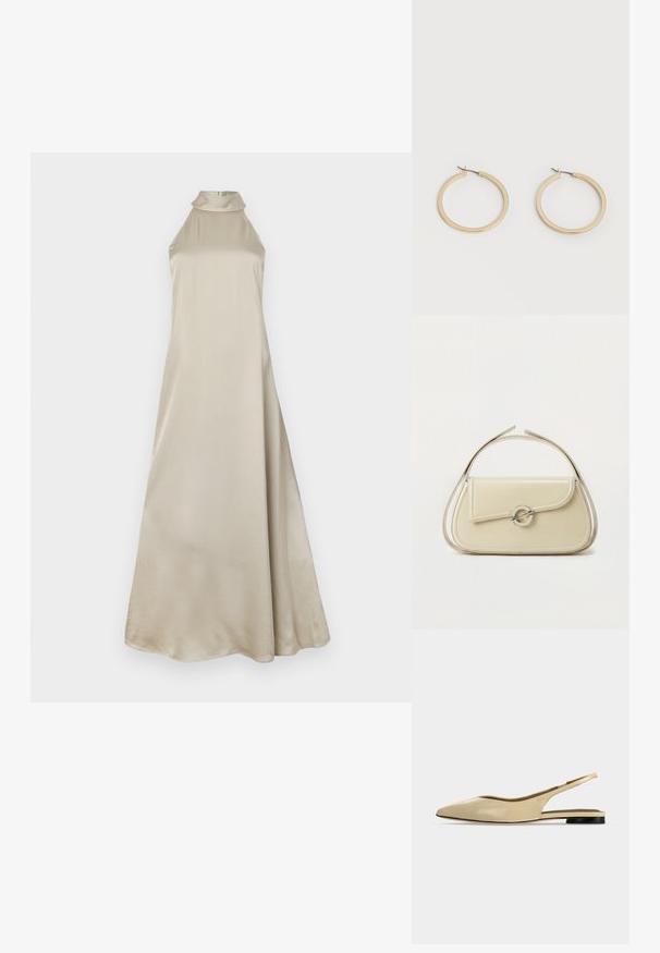 Robe maxi en satin beige clair, dotée d'un col haut et d'une silhouette fluide. Texture lisse avec un léger brillant, sans motifs visibles.; Chaussure plate beige à bout pointu avec bride arrière, petit talon noir et finition en cuir lisse, vue de côté sur un fond uni.; Sac à main en cuir crème avec rabat incurvé, fermoir circulaire en argent et poignée courte sur le dessus, sur fond blanc uni.; Paire de boucles d'oreilles créoles moyennes lisses ton or avec fermoirs à charnière sur fond clair uni.